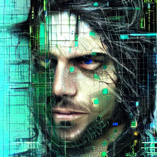 Image similar to hyperrealistic portrait of a cyberpunk man, long hair, confident, cybernetics, immersed within a network, by Guy Denning, Derek Gores, Russ Mills, glitch art, hyper focus, fined detail, polished, complex, hacking effects, holographic, digital tech effects, color blocking!, green, realistic, acrylic on canvas, concept art, abstract!, 8k, concept art, octane, cgsociety, trending on artstation