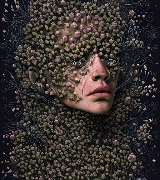 Image similar to portrait, nightmare anomalies, covered in tiny flowers by dariusz zawadzki, kenneth blom, mental alchemy, james jean, pablo amaringo, naudline pierre, contemporary art, hyper detailed