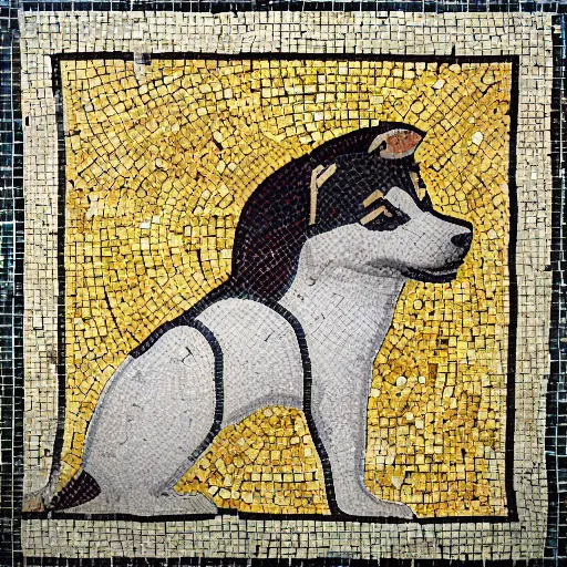 Image similar to an ancient roman tile mosaic depicting a shiba inu in a bath, a detailed masterpiece