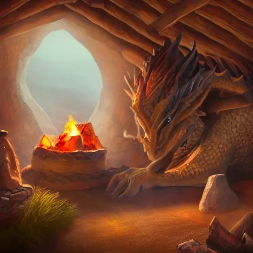 Image similar to A dragon native living in a small clay hut near a campfire, extremely stunning and detailed digital painting, cinematic, 8k, dreamy, immersive