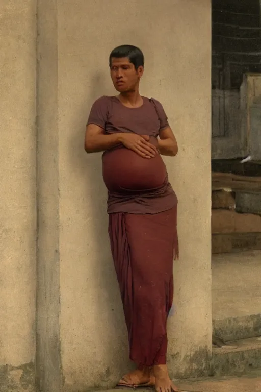 Image similar to Full-length portrait of a handsome young pregnant male on the streets of Bangkok, historically reliable photo chronicle, 1975, ultra detailed digital art, octane render, 4K, by John William Waterhouse and Edwin Longsden Long and Theodore Ralli and Nasreddine Dinet