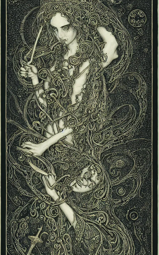 Image similar to tarot card of hecate the gloomy and beautiful goddess of witchcraft, torches, ancient keys, smokes, gustave dore, franklin booth, andrey remnev, black paper, etching, engraving, intricate line work, green line work details, mandelbulb fractal, portrait, trending on artstation, exquisite details, risography print, 4 k, 4 k