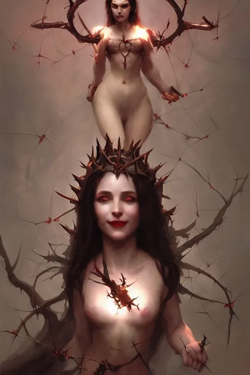 Prompt: Portrait of beautiful pale laughing succubus maiden with crown of thorns and glowing energy eyes, Warhammer 40000, digital art from artstation by Ruan Jia and Mandy Jurgens and Artgerm and william-adolphe bouguereau