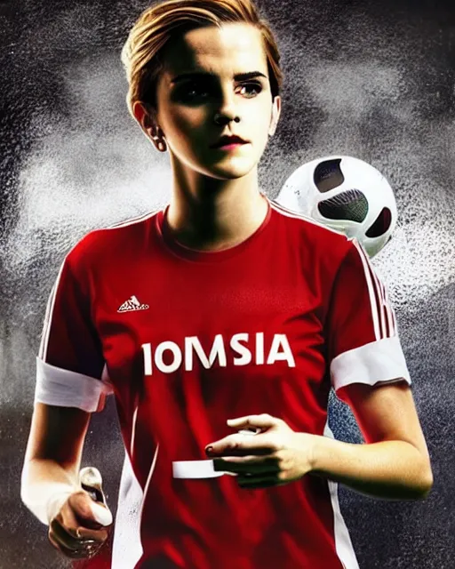 Image similar to a portrait of emma watson as a lokomotiv football player, hyper realistic
