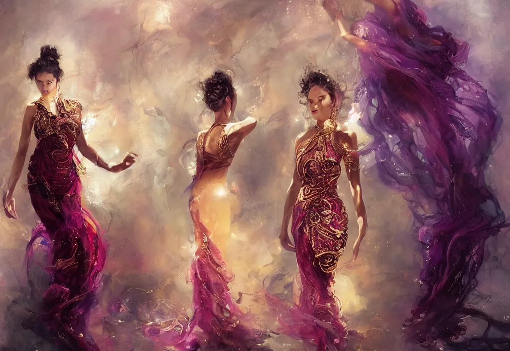 Prompt: full body portrait of a trio of 1 9 years old girl figures, curly messy high bun hairstyle, oriental tattoos, subject wearing a gold and ruby high fashion gown, flowing, ornate, beautiful, dramatic earth colors, with few vivid purple highlights, by jeremy mann and greg rutkowski, trending on artstation, oil on canvas