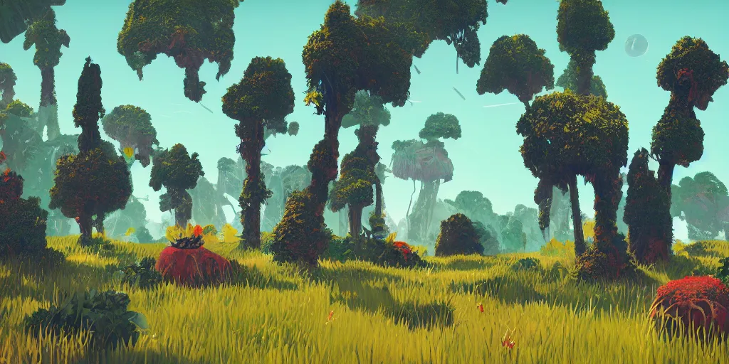 Prompt: abstract 3d landscape painting with vegetation and trees at noon by james jean and painted in no mans sky style, redshift, octane