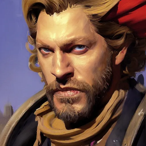 Image similar to greg manchess portrait painting of partially armored undead pirate captain guybrush threepwood as overwatch character, medium shot, asymmetrical, profile picture, organic painting, sunny day, matte painting, bold shapes, hard edges, street art, trending on artstation, by huang guangjian, gil elvgren, ruan jia, greg rutkowski, gaston bussiere