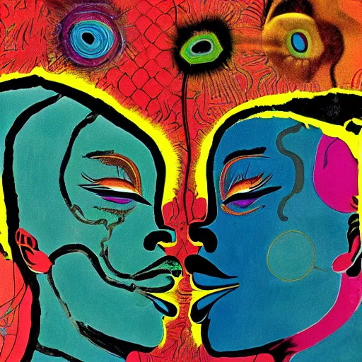 Image similar to beautiful painting of two bizarre psychedelic women kissing each other closeup in japan 1 9 7 0, speculative evolution, mixed media collage by basquiat and alex grey, magazine collage art, sapphic art, lesbian art