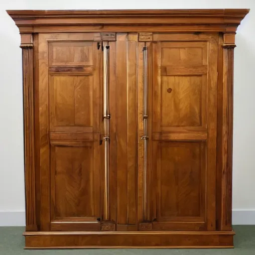 Image similar to two large armoire with slightly crooked doors in a room with an xbox