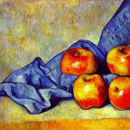 Prompt: a plumping, impressionistic painting of apples on a blue cloth near other apples by paul cezanne, pixabay contest winner, post - impressionism, fauvism, oil on canvas, painterly