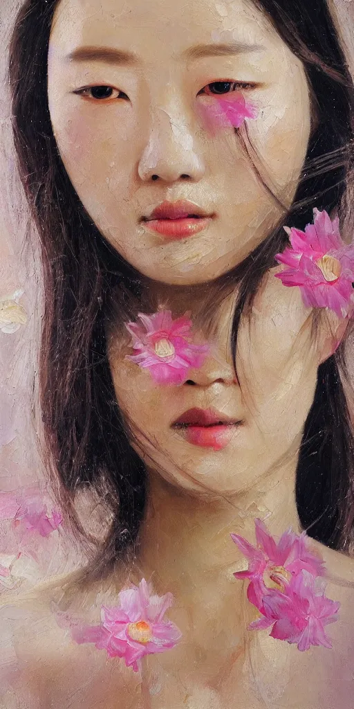 Image similar to beautiful highly detailed and expressive oil painting of a korean woman's face dissolving into petals, masterpiece, dynamic lighting,