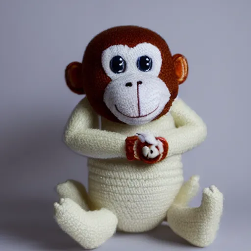 Image similar to a stuffed monkey is sitting on a white surface, a character portrait by toss woollaston, cg society contest winner, rococo, made of beads and yarn, adafruit, made of rubber