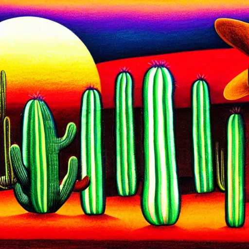 Prompt: colored pencil drawing of cowboy on the range, beautiful New Mexico sunset, cactus, Art Deco, dark deco, award-winning composition, vibrant colors, vivid color, solid coloring, clean lines, clean ink, animated series, by Eric Radomski