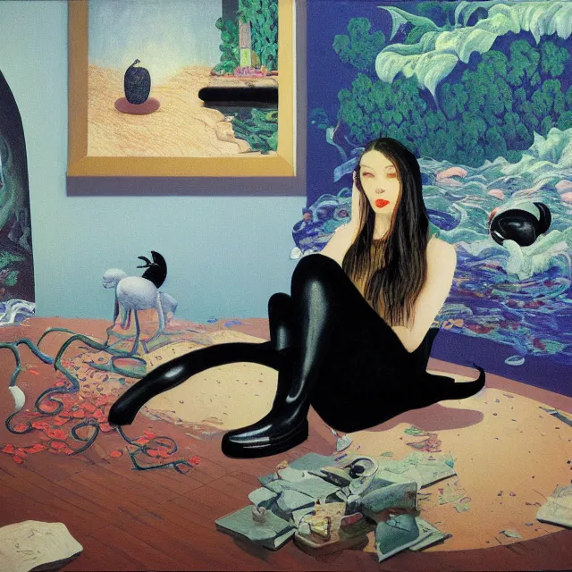 Prompt: emo catgirl art student in her lounge room, painting of flood waters inside an artist's loungeroom, a river flooding indoors, pomegranates, pigs, ikebana, water, octopus, river, rapids, waterfall, black swans, canoe, berries, acrylic on canvas, surrealist, by magritte and monet