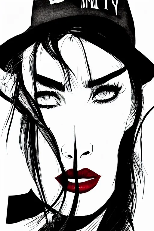 Image similar to dream of a film still from sin city, closeup portrait of film noir angry megan fox private detective wearing a hat, detailed illustration, digital art, trending on artstation, frank miller, martin ansin, action movie poster, red on black, graffiti, gta v,