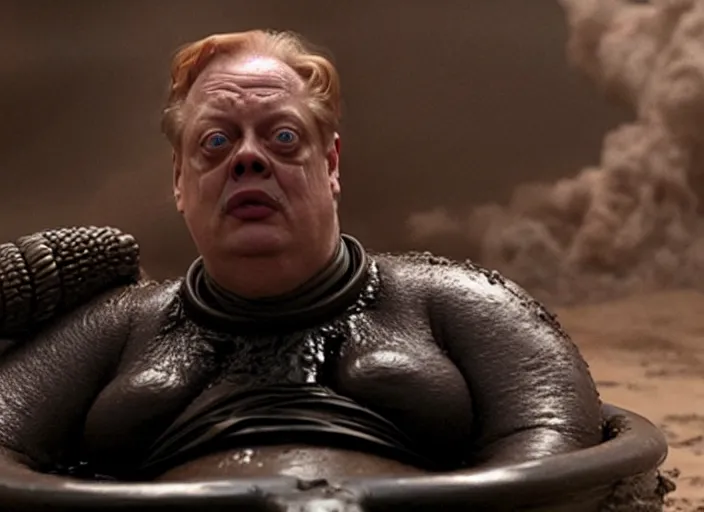 Image similar to steve buscemi as baron harkonnen in a black oil bath in a still from the film Dune (2021)