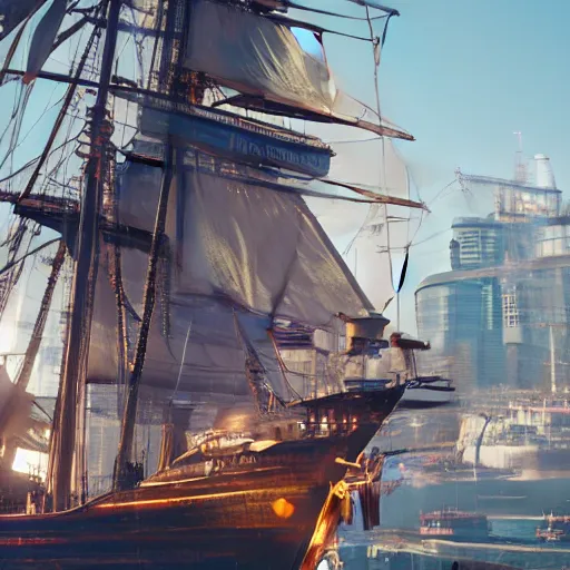 Prompt: a pirate ship pulls into the port of night city cyberpunk 2077, close up, hyper realistic, cinematic, high energy.