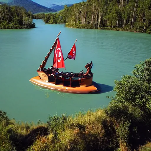 Image similar to speedboat that looks like a viking ship sailing down a river