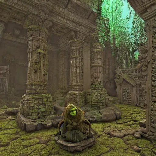 Image similar to Shrek statues in an ancient collapsing temple to Shrek discovered deep in the swamps, 4k render, octane, ancient ogre imagery, tribal war god, dark amazonian temple, onion statue, gargoyle-like decorations in the style of Donkey. hyper-detailed, intricate, hallowed swampland, Shrek (2003) by DreamWorks animation