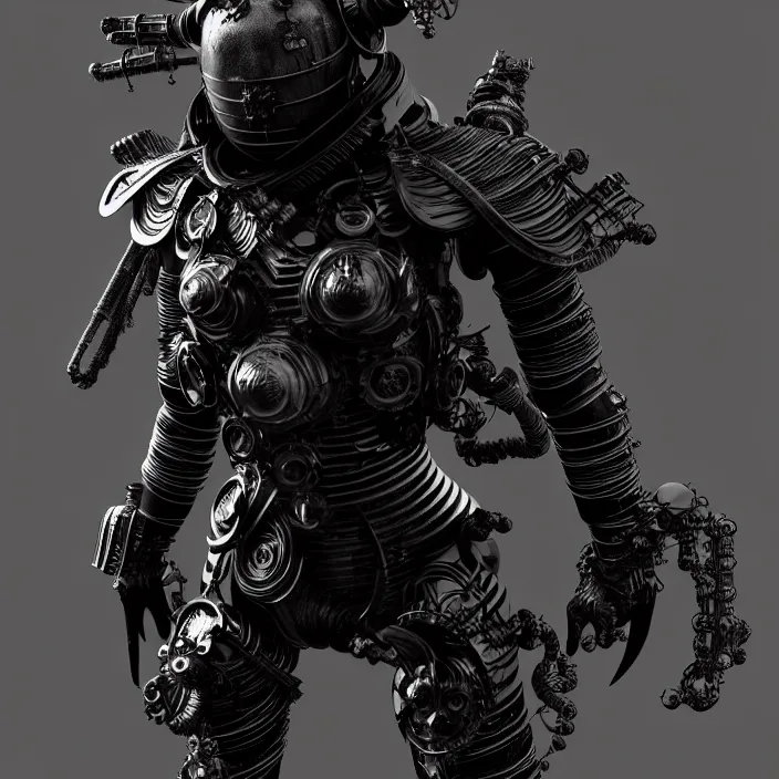 Image similar to a character in a planet by nihei tsutomu, dramatic black and white, steampunk obsidian dark black armor, highly detailed, 3 d render, vray, octane, realistic lighting