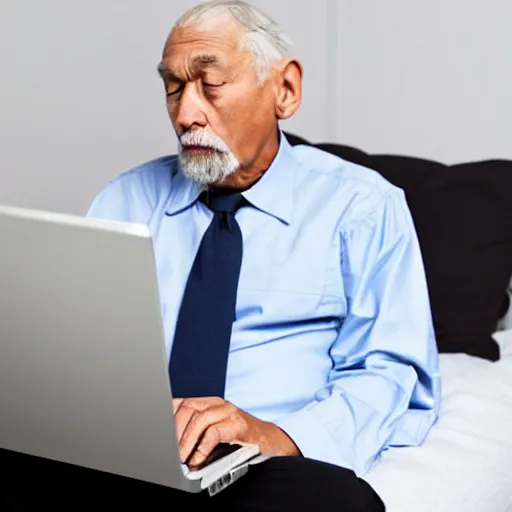 Image similar to old man sitting on a casket browsing internet on laptop from a casket casket