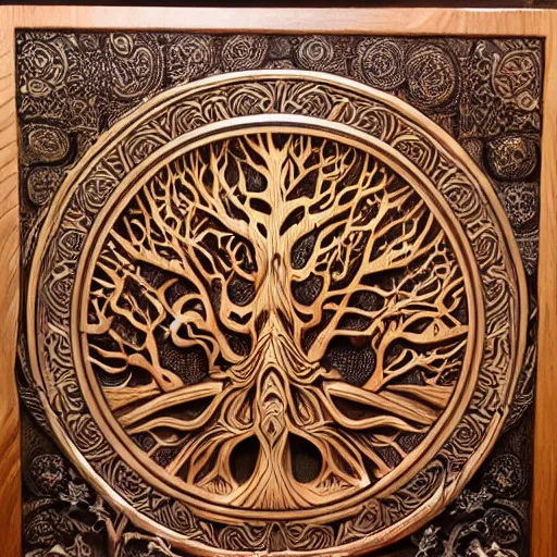 Image similar to wood relief carving of world tree, tree of life, yggdrasil, stygian, evil, shoggoth + exquisite, ornate, intricately carved, fractal, tarot, intricate details, art deco, hokusai, mohrbacher, alphonse mucha, photo realistic, redshift, spotlight