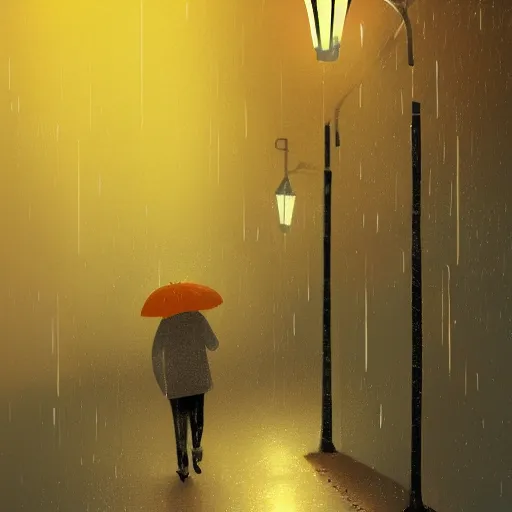 Image similar to an orange tabby cat walking on a sidewalk, it is night and raining, bushes in the background, street lamps are illuminating the street, moody lighting, peaceful atmosphere, digital art, highly detailed, high contrast, beautiful lighting, award winning, trending on art station, 8 k,