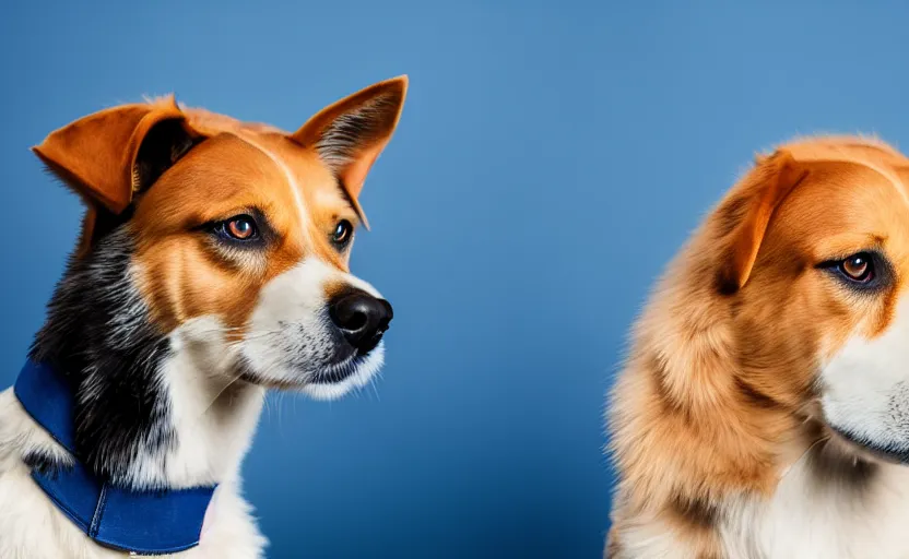 Image similar to studio photography portrait of a dog on dark blue background, rim light, beautiful lighting, 8 k