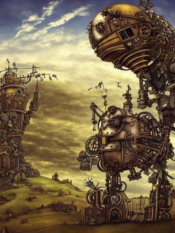 Prompt: a steampunk robot consisting of a castle, a train, and an airship, roams the endless grassland, howl's moving castle style, fantasy, flower, clouds, steam fantasy, difference engine, steampunk era, baroque, retro aesthetic robot, steam technology,