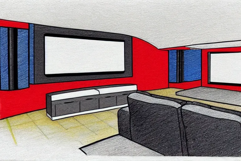 Prompt: a modern home movie theater, sleek, comfortable, stylish decor, designed by martyn lawrence bullard, color pencil sketch illustration