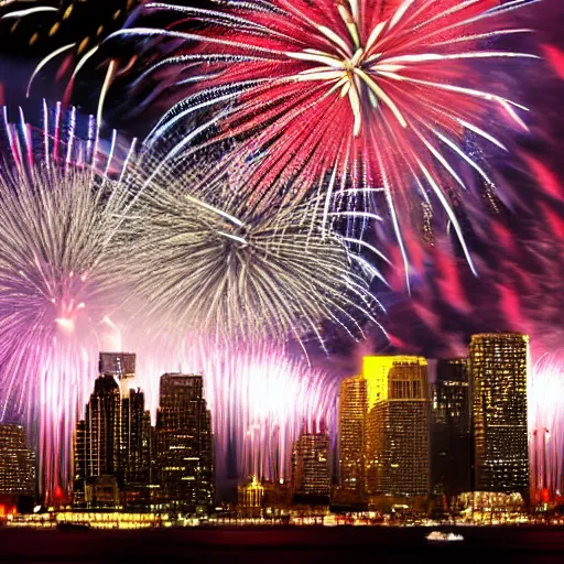 Prompt: fireworks light up the sky in a city wide display, night