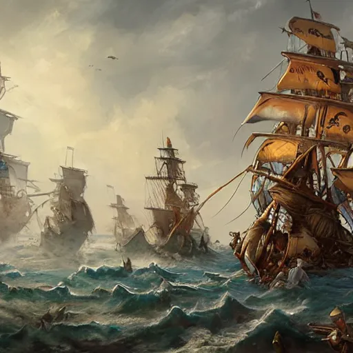 Image similar to mer people attacking a pirate ship, trending on artstation, ultra fine detailed, hyper detailed, hd, concept art, digital painting