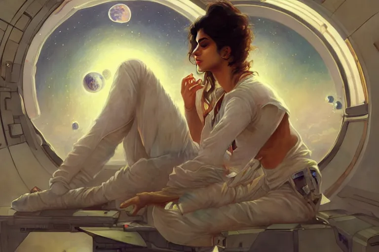 Image similar to Sensual good looking pale young Indian doctors wearing jeans in a space station above Earth, portrait, elegant, intricate, digital painting, artstation, concept art, smooth, sharp focus, illustration, art by artgerm and greg rutkowski and alphonse mucha