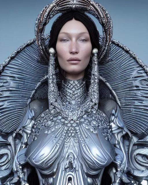 Image similar to a highly detailed metahuman 4 k close up render of an alien goddess bella hadid monument renaissance in iris van herpen dress schiaparelli in diamonds crystals swarovski and jewelry iridescent in style of alphonse mucha gustav klimt trending on artstation made in unreal engine 4