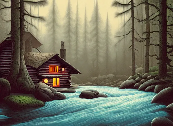 Prompt: matte sharp painting, a river running past a cozy cabin in the forest, juxtapoz, artforum, gary baseman, preston blair, tex avery, dan mumford, pedro correa
