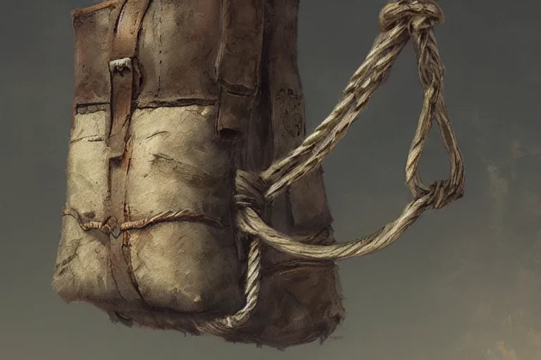 Image similar to close-up of a medieval bag wrapped with ropes, white background, concept art in style of Greg Rutkowski, painted by Frank Frazetta, trending on artstation