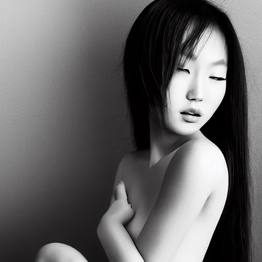 Prompt: a black and white high quality dreamy photo of a young beautiful Asian woman, elegant, highly detailed, poetic, soft, dreamy, mysterious, high fashion, rim light, Realistic, Refined, Digital Art, Highly Detailed, Cinematic Lighting, black and white, photo-realistic, 8K