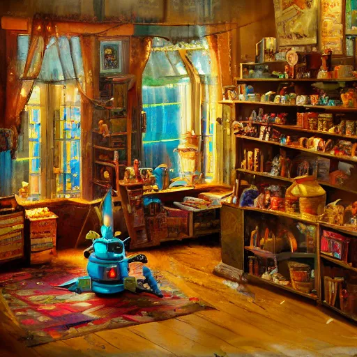 Prompt: an old dusty Victorian era toymaker's shop interior lit by a large window in the style of Craig mullins and colorful + a large toy rocket sits on the floor, center in room.