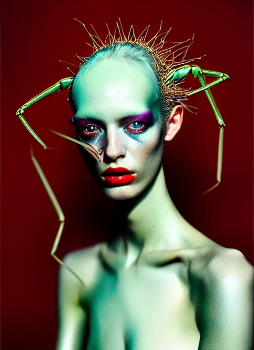 Image similar to cinestill 5 0 d portrait shot of a beautiful woman hybrid mantis in style of tim walker by roberto ferri, metallic body intricate detailed, 1 5 0 mm lens, f 1. 4, sharp focus, ethereal, emotionally evoking, head in focus, volumetric lighting, tonal colors outdoor