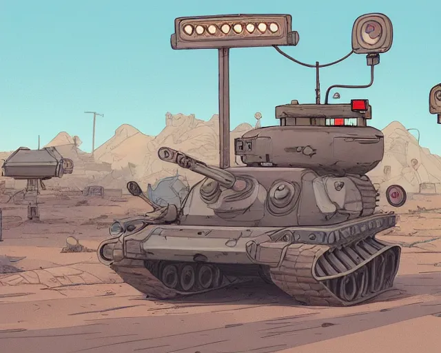 Image similar to a study of cell shaded cartoon turtle tank with tank treads for legs on a desert road, street lamps, road, illustration, wide shot, subtle colors, post grunge, concept art by josan gonzales and wlop, by james jean, victo ngai, highly detailed, sharp focus, trending on artstation, hq, deviantart, art by artgem