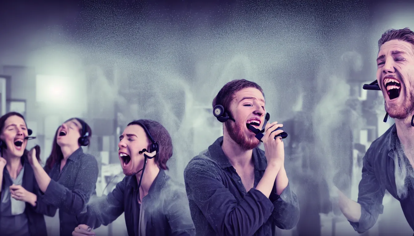 Prompt: hyper realistic photo of a call centre, a celtic weathered young man, aesthetic! women, laughter and screaming face, feedback loop, burst of powders, spraying liquid, volumetric lighting, twisting vapour, bellowing dust, full colour, upscale, 8 k