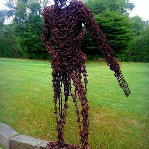 Image similar to sculpture made out of rusty barbed wire.