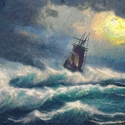Image similar to sailing boat in storm, dramatic sunrise, huge waves, mosaic,
