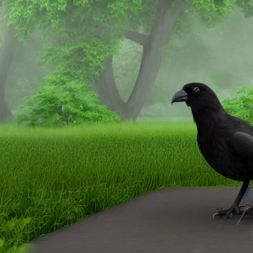 Image similar to a big friendly jungle crow in a park in a rainy day, digital painting, ultra detailed, unreal engine 5