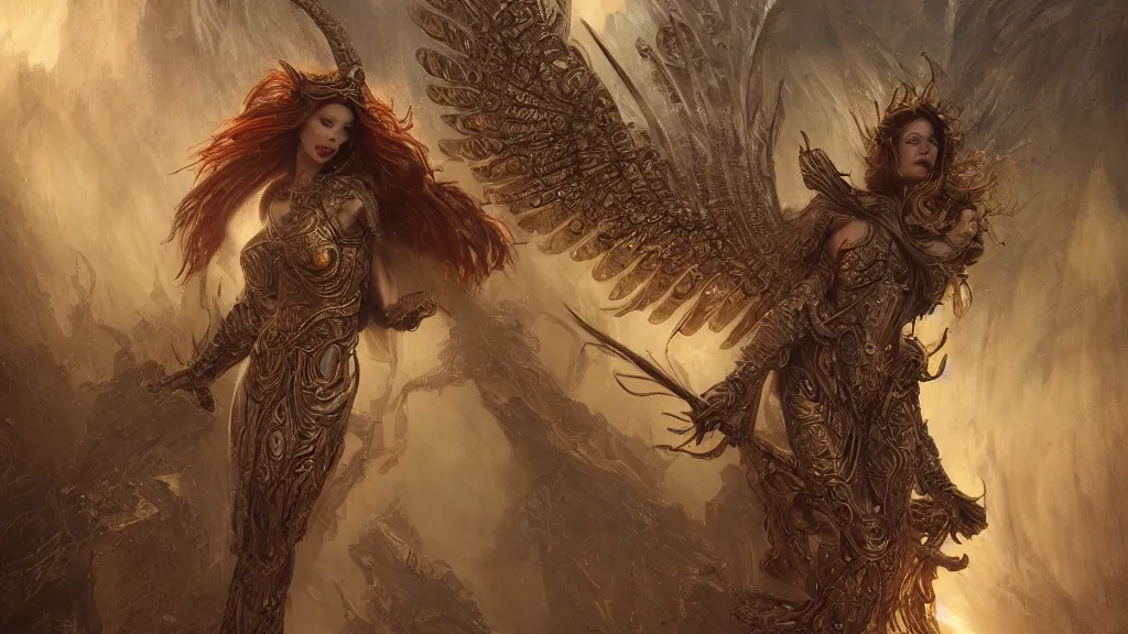 Image similar to ascending dark full body redhead goddess angel, Lupe Fuentes, intricate armor, highly detailed, glowing, action pose, cinematic, Art Deco, gold filigree, ethereal, alfonso mucha, zdzisław beksiński, Andrei ryabovichev, Shaun tan, Chriss foss, Peter mohrbacher, 4k