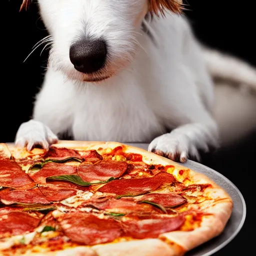 Image similar to detailed photo of a white jack russel eating pizza, various poses, full body, studio light, 8 k, photorealism, intricate detail, diffuse lighting