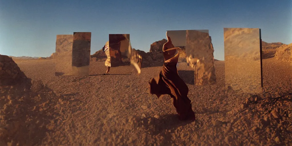 Image similar to levitating woman with full - face golden mask in a dry rocky desert landscape, visible sky and sunny atmosphere, fata morgana and giant square mirrors by alejandro jodorowsky, anamorphic lens, kodakchrome, practical effects, masterpiece, 8 k