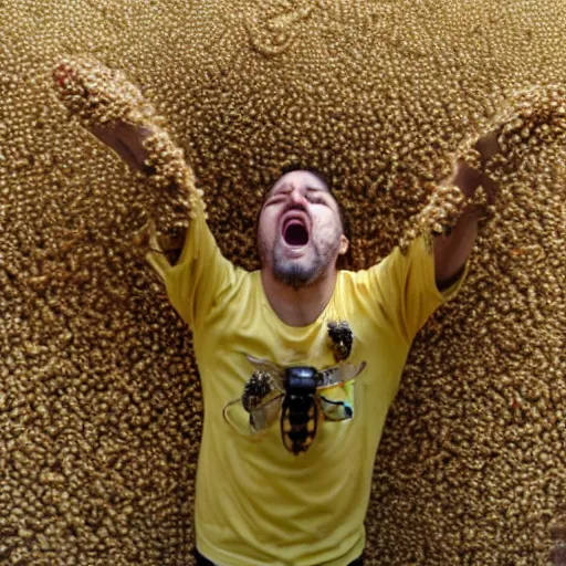 Prompt: man covered in bees, screaming and flailing