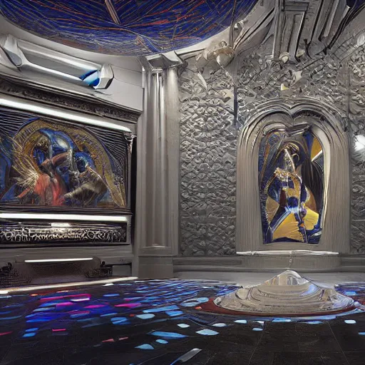 Image similar to sci-fi wall panel tile on the coronation of napoleon painting and photogrammetry point cloud digital billboard in the middle, unreal engine 5, keyshot, octane, artstation trending, ultra high detail, ultra realistic, cinematic, 8k, 16k, in style of zaha hadid, colors in style of nanospace Michael Menzelincev, colors in style of the Blade Runner 2049, in plastic, dark, tilt shift,