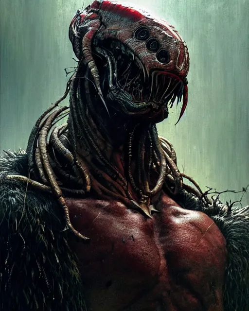 Image similar to a portrait of the predator fantasy character portrait, ultra realistic, cinematic, concept art, wide angle, intricate details, hologram, highly detailed by greg rutkowski, wayne barlowe, aaron horkey, gaston bussiere, craig mullins, simon bisley, arthur rackham